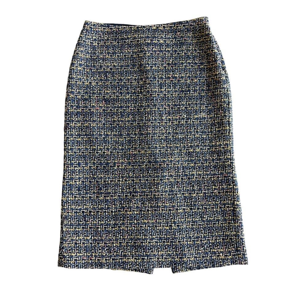 St. John Size 6 Navy Blue Multi Tweed Knit Pencil Skirt